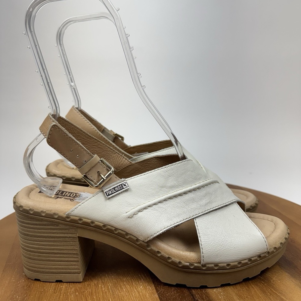 Womens Pikolinos Arenales Beige Leather Strappy Block Heels Sandals Size EU 42